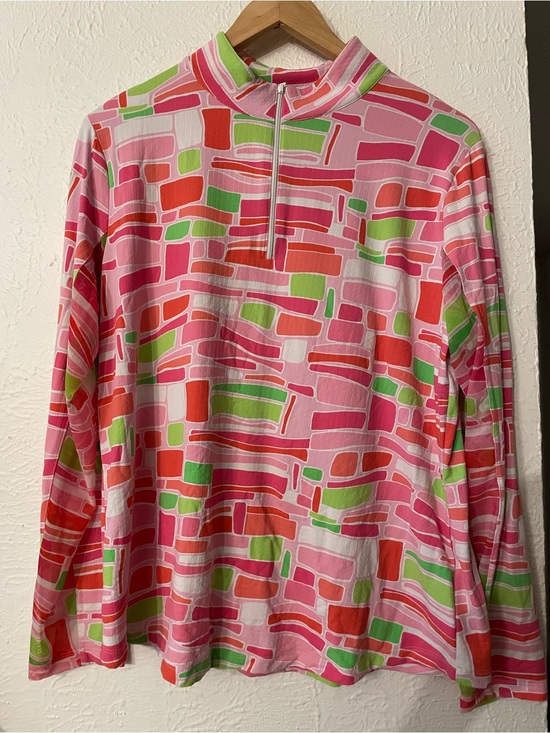 IBKUL Tops - IBKUL UPF 50+ Sun Protection Pink Multi-Color Long Sleeve Zip Mock Neck Top XL